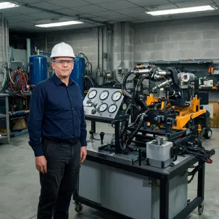 VP of paving engineering beside hydraulic test bench