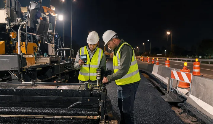 Engineers checking asphalt paver screed temperature on night closure