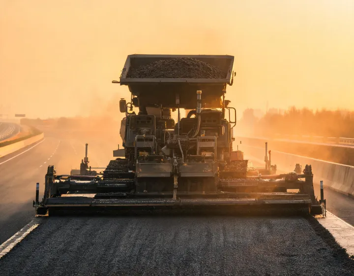 Tracked asphalt paver laying hot-mix on a multi-lane highway at golden hour