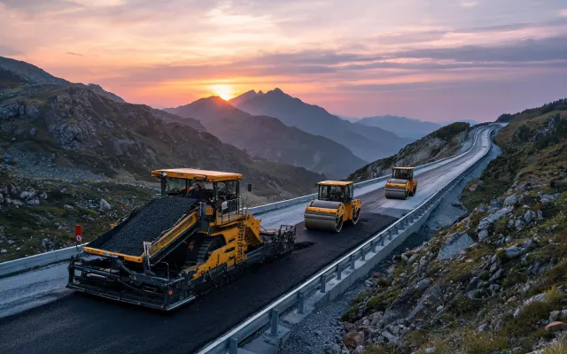 Asphalt paver convoy laying base course in mountainous terrain