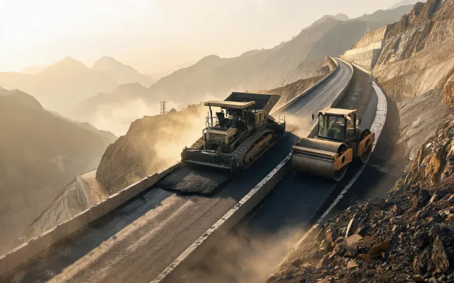 Tracked paver on steep dam access road