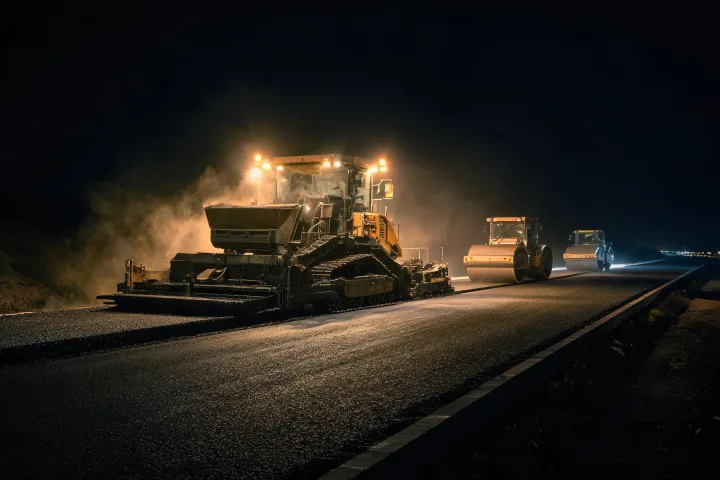 Floodlit night-shift asphalt paving train with paver and rollers