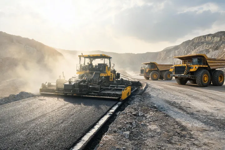 Asphalt paver working on mining haul road beside rigid dump trucks